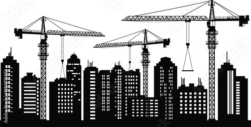 City skyline construction silhouette, tower cranes, high-rise buildings, black vector, urban development, architecture graphic, engineering concept, white background