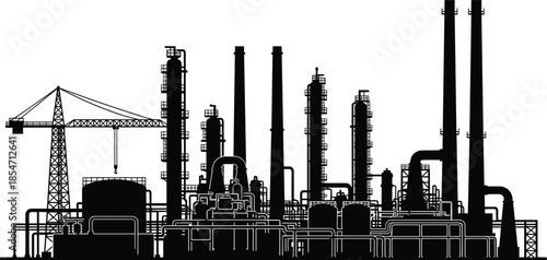 Industrial refinery plant silhouette with factory pipes towers and crane vector illustration isolated on white background energy industry concept