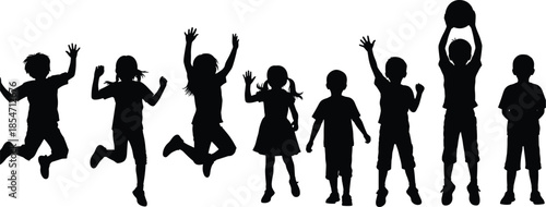 Silhouettes of happy children jumping and playing together, diverse kids active in motion isolated on white background fun energetic joyful