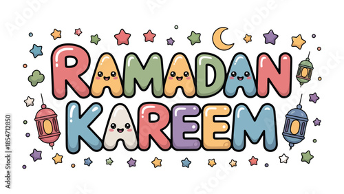 Ramadan Kareem: A festive and vibrant graphic design spells out Ramadan Kareem, the message of blessing and generosity, with colorful lettering and charming illustrations of stars, lanterns.