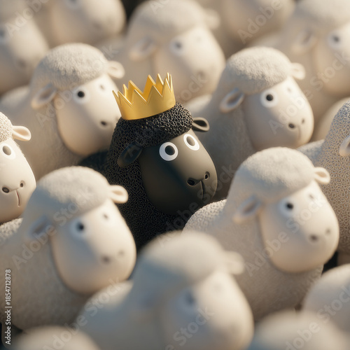 Cartoon black sheep with crown standing out among white sheep