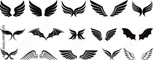 Wings icon, Black wing silhouettes, Angel and bird wings icons, Wings collection in different shapes.Vector angel wings set collection illustration drawing silhouette design graphic element isolated