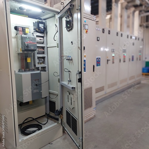 This image shows an Industrial Electrical Control Panel, likely located in a factory or a power plant.