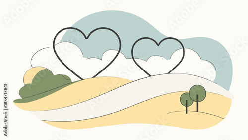 Heart-shaped clouds over landscape isolated on white background