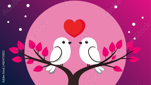 Two lovebirds on a branch, isolated on white background