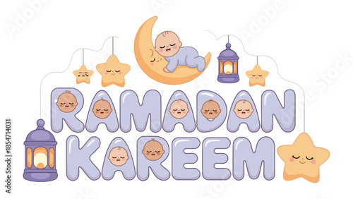Ramadan Kareem Illustration: Celebrate the holy month of Ramadan with this whimsical illustration of a baby sleeping on the moon, surrounded by stars and lanterns.