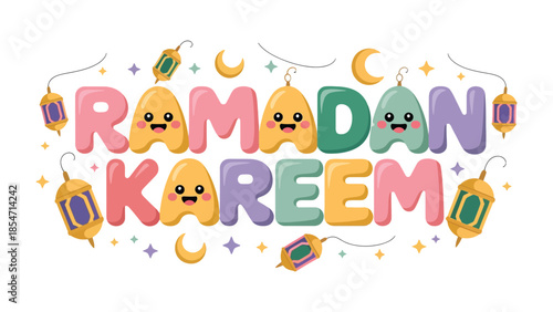 Ramadan Kareem Illustration: Festive and colorful Ramadan Kareem illustration with smiling letter characters and ornaments to celebrate the holy month.