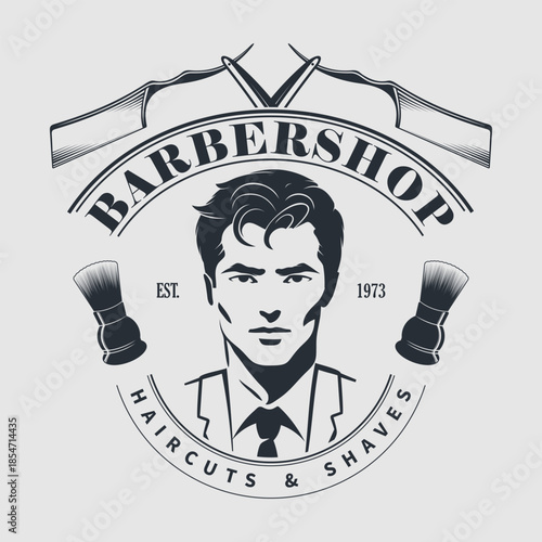 Vintage Barbershop Emblem Featuring Stylish Man and Classic Grooming Tools. Vector illustration