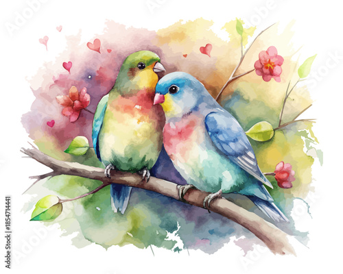 Love Birds Sitting on Branch Watercolor Art vector illustration isolated on white background