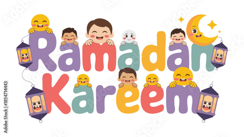 Ramadan Kareem: A vibrant illustration of Ramadan Kareem with playful elements such as Smiling Face, lanterns, and Crescent Moon in colorful design, celebrating the joy of the holy month. 