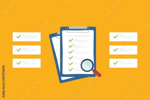 Document inspection, assessment evaluation, contract validation or review, analysis, inspection of agreement contract, compliance verification. Vector illustration	