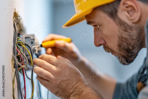 Electrician carefully connecting colorful electrical wires inside a junction box, performing precise and essential work on a white background