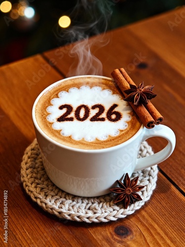Creative Coffee Latte Art with 2026 Number in Foam for New Year