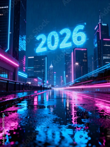 Futuristic Night Cityscape with Holographic 2026 Sign
