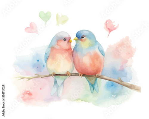 Love Birds Sitting on Branch Watercolor Art vector illustration