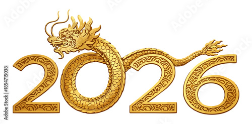 Chinese New Year 2026 golden dragon numbers, decorative typography۔
