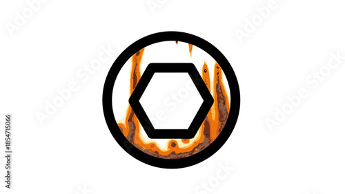 Burning Hexagon Icon in Black Circle.