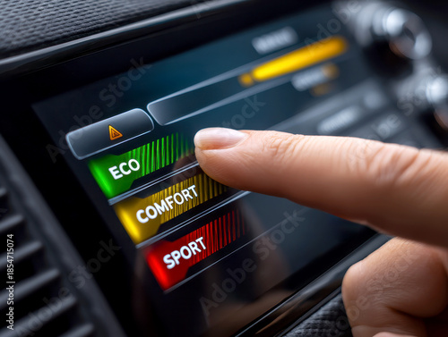 Finger taps car touchscreen driving mode menu showing ECO COMFORT SPORT, offering choice between efficiency, comfort and sport.