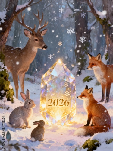 Magical Forest Animals Gathered Around Glowing 2026 Sign