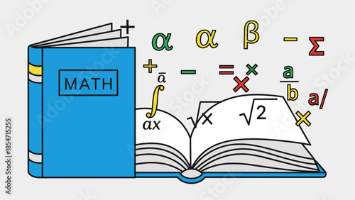 Math Book with Equations and Symbols.
