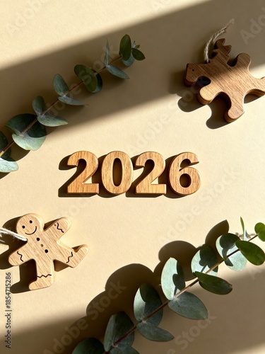 Eco-friendly New Year Flatlay with Wooden 2026 Decorations