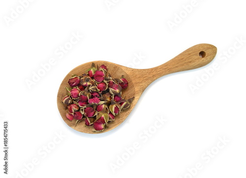 Dried Rose Buds. Dried red or pink rose buds. Natural dried rose tea isolated on white background  