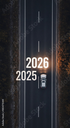 Car Moving from 2025 to 2026 on Vertical Road, New Year Transition and Future Progress Concept