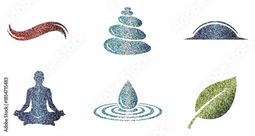 Colorful abstract symbols including a meditating figure a water droplet and a leaf on a white