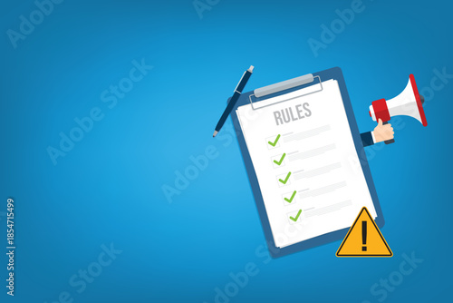 Rules, regulations, policy and guideline for employee or users to follow, legal term, corporate compliance or laws, standard. Vector illustration	

