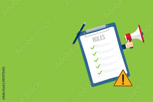 Rules, regulations, policy and guideline for employee or users to follow, legal term, corporate compliance or laws, standard. Vector illustration	
