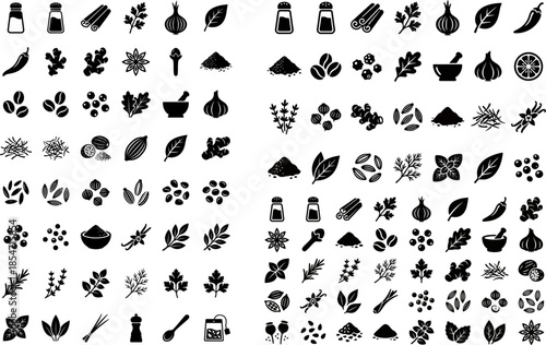 Collection of black silhouette icons representing various culinary herbs spices seasonings and kitchen ingredients suitable for recipe apps or food design projects
