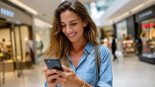 Woman in a Modern Shopping Center: A woman absorbed in her mobile phone, smiles as she strolls through the sleek aisles of a contemporary shopping center.