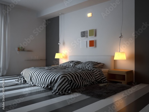 Modern bedroom interior design with striped bed and neutral color scheme