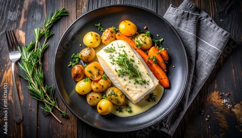 Overhead food photography of a poached white fish fillet covered in creamy herb sauce, plated with baby potatoes and roasted carrots on a matte black dish, moody lighting, rustic textures, fine-dining