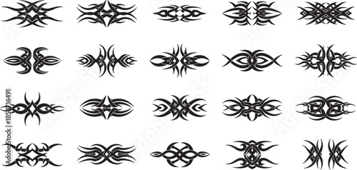 Tribal illustrations of abstract eyes and star shapes in various designs