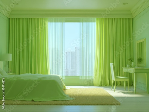 Modern bedroom interior featuring green curtains and natural lighting