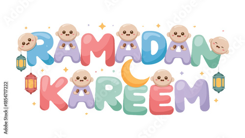 Ramadan Kareem: A vibrant and colorful illustration of the greeting Ramadan Kareem, featuring cheerful characters and festive decorations, perfect for celebrating the holy month.