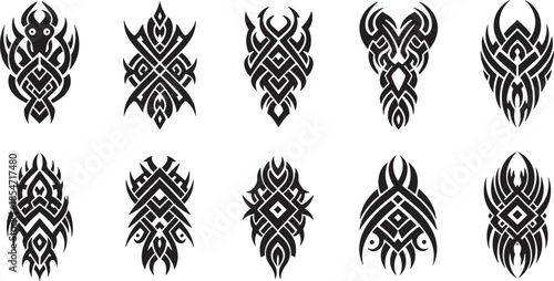 Tribal designs collection featuring various patterns and motifs in black and white illustrations
