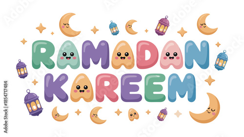 Ramadan Kareem Illustration: Festive and colorful illustration showcasing the joyous spirit of Ramadan, with crescent moons, lanterns, and stars. 