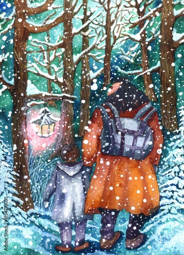 Obraz na plátně A huge man with long black hair and beard,with backpack and boy in magical snow-covered forest