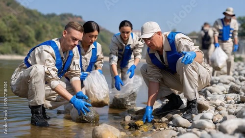 River Cleanup: Volunteers working together to restore nature by collecting waste, embodying environmental responsibility and community involvement. 