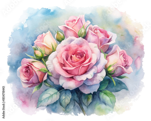 Pink Rose Bouquet Watercolor Floral vector illustration isolated on white background