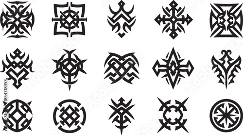 Tribal designs featuring ancient patterns and symbols in a collection of black illustrations