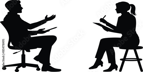 Professional business interview silhouette vector showing man and woman in office meeting recruitment or consultation dialogue