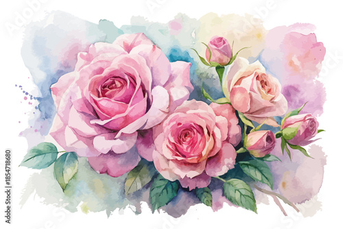 Pink Rose Bouquet Watercolor Floral Element Valentine’s Decor  isolated on white background