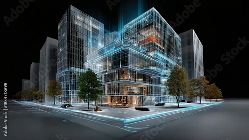 Architectural Blueprint: An artistic portrayal of a modern building, showcasing its intricate interior structure through a blueprint-style rendering, highlighting design and innovation.