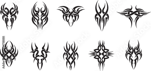 Tribal mask designs featuring various abstract patterns and shapes in black and white illustrations