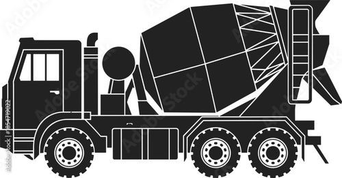 Industrial concrete mixer truck silhouette vector for construction building site machinery and heavy engineering transport equipment