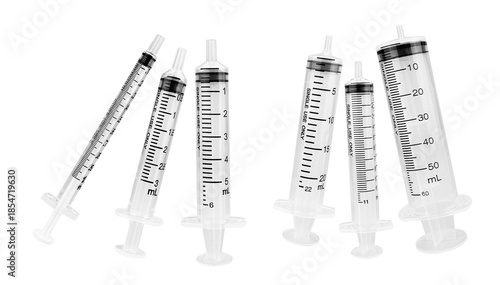 collection photograph of various transparent syringes with visible measurements on a transparent background, suitable for medical and scientific contexts.