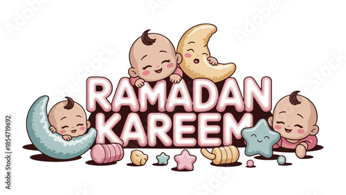 Ramadan Kareem Illustration: A joyful illustration that captures the spirit of Ramadan Kareem with smiling babies and crescent moons, evoking a sense of celebration.